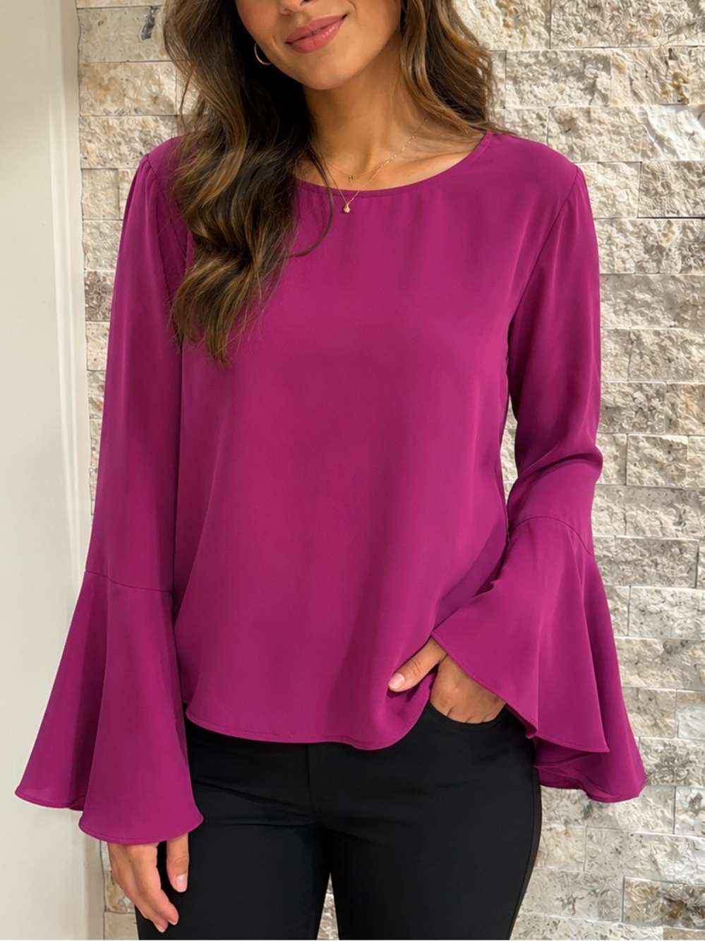 Halston Heritage Ruffled Bell-Sleeve Blouse - Magenta size M